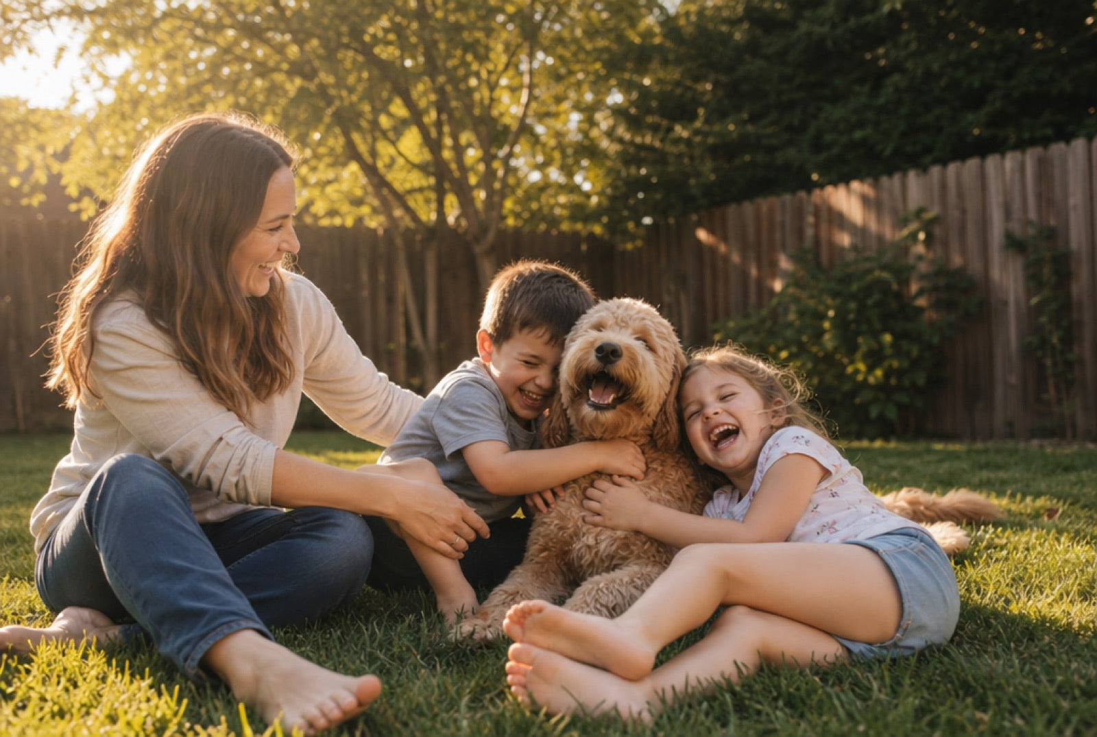 A suburban family relaxing barefoot with their dog on a healthy green backyard lawn in the late-afternoon sun.