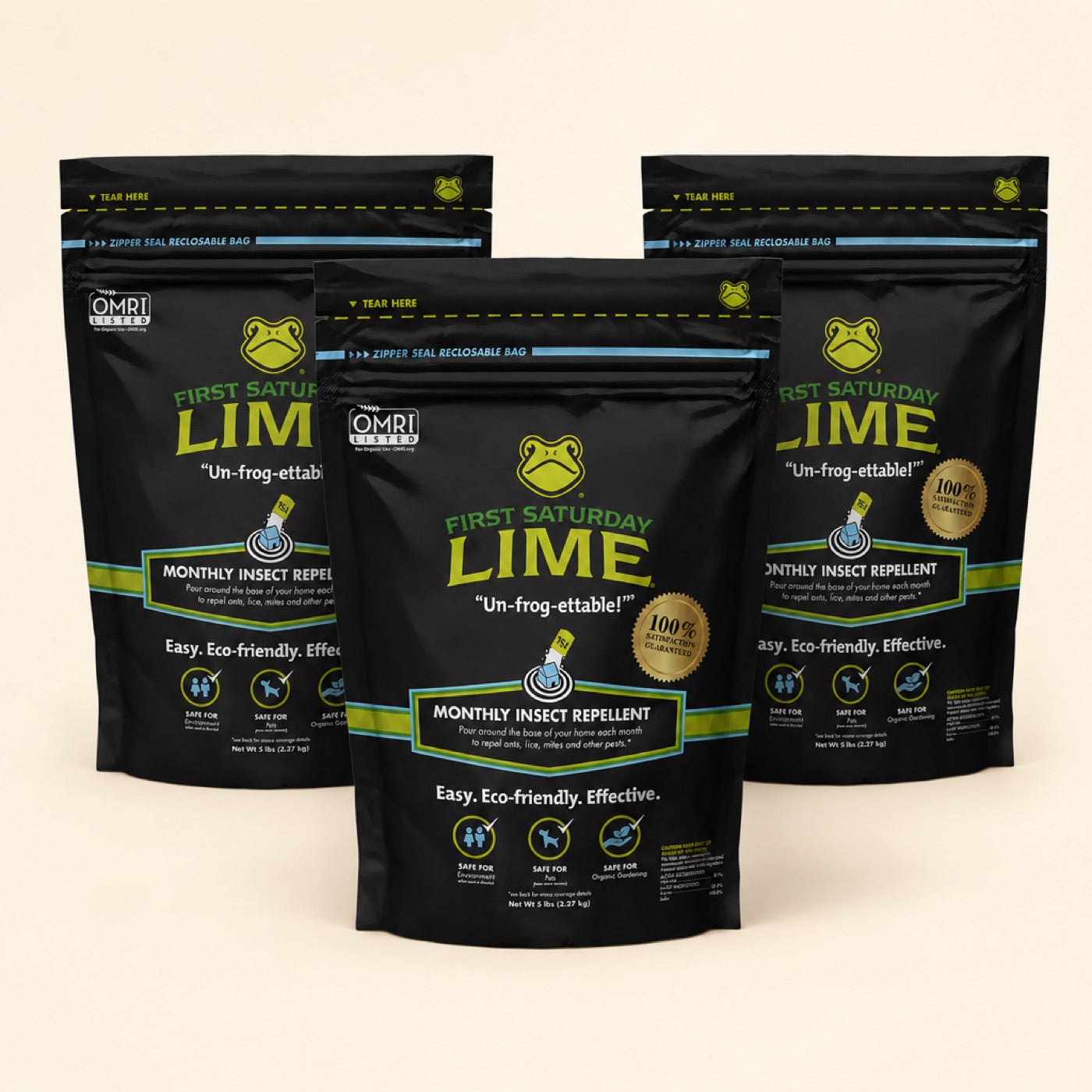 Three black bags of Goodbye Bugs monthly insect repellent on a warm cream background.