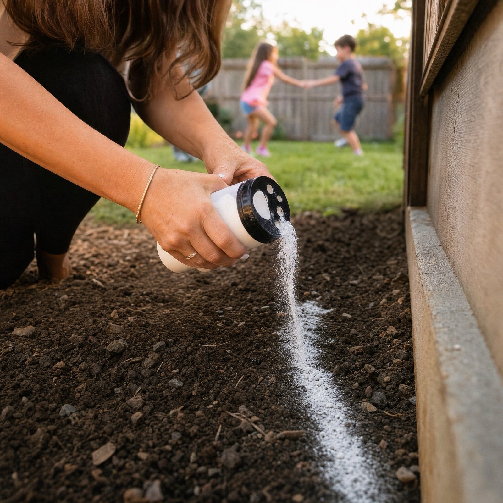 A mom kneeling by the foundation of the house, shaking a fine white powder into the soil while her two kids play on the lawn behind her.