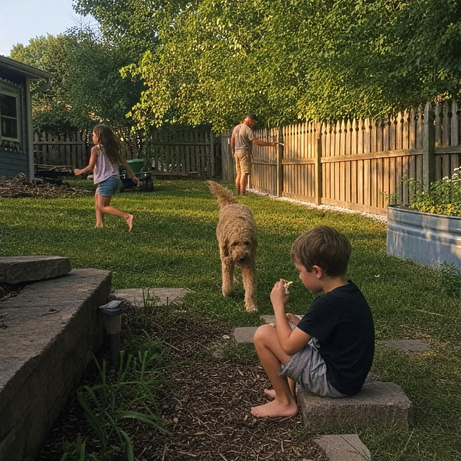 Kids and a goldendoodle running barefoot across a sunny backyard lawn in the late afternoon.