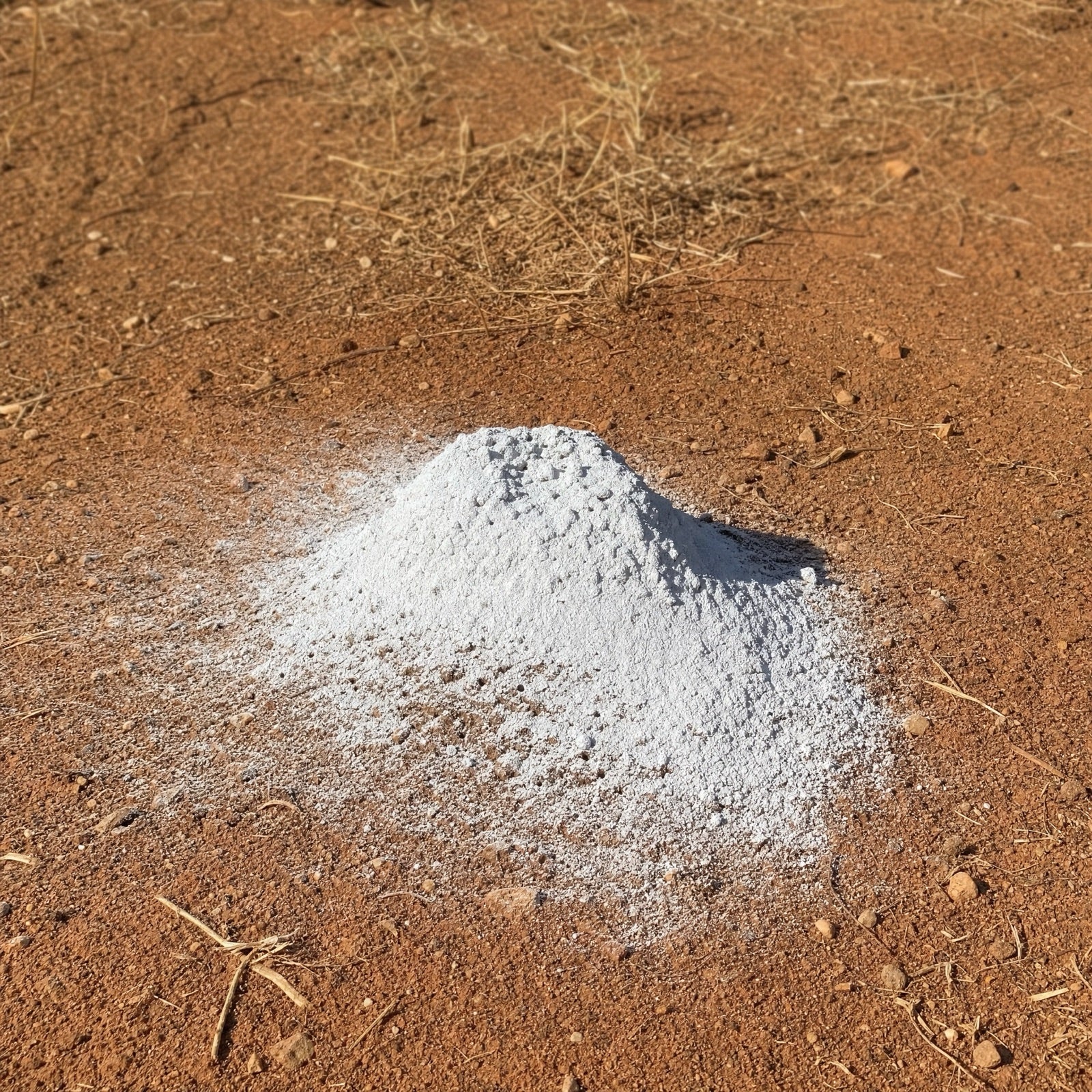 A small mound of fine white powder poured onto dry reddish soil.